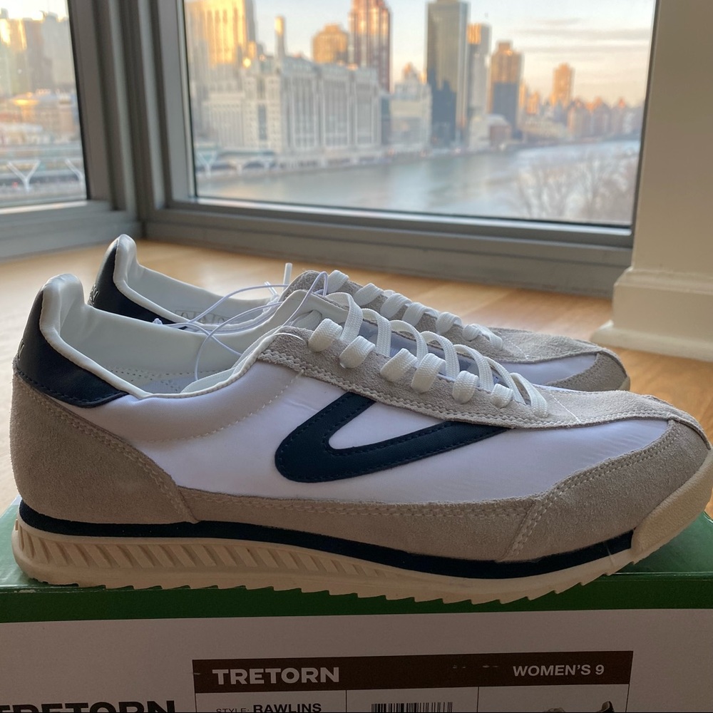 Tretorn white and navy sneakers, size 9. Brand new.